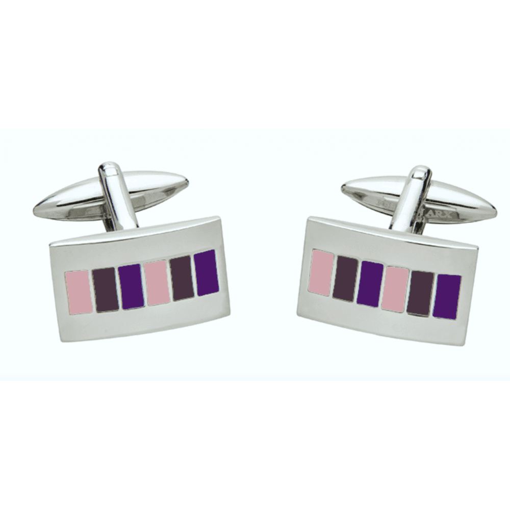 Brass Square Cufflinks With Striped Enamel Pattern In Pink, Black & Purple