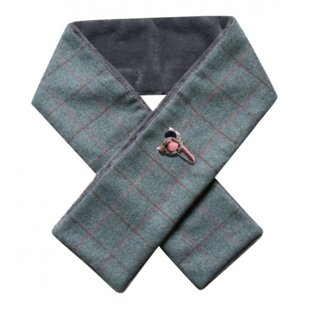 Steel Blue Herringbone Tweed Scarf With Faux Fur Reverse
