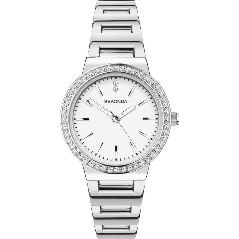 Stainless Steel Stone Set White Dial & Bracelet Strap Ladies Watch
