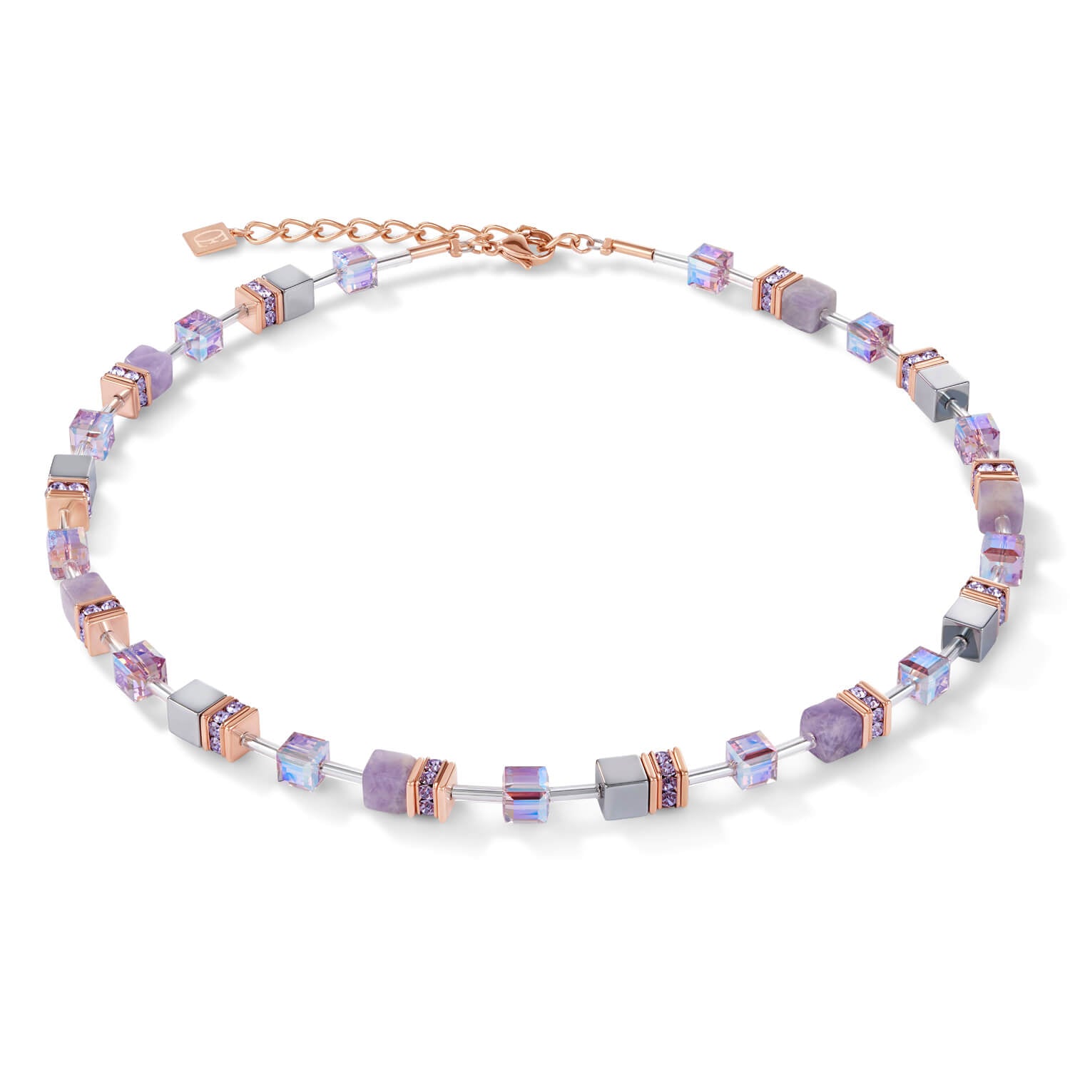Light Amethyst & Haematite Lilac Geo Cube Rose Gold Necklace