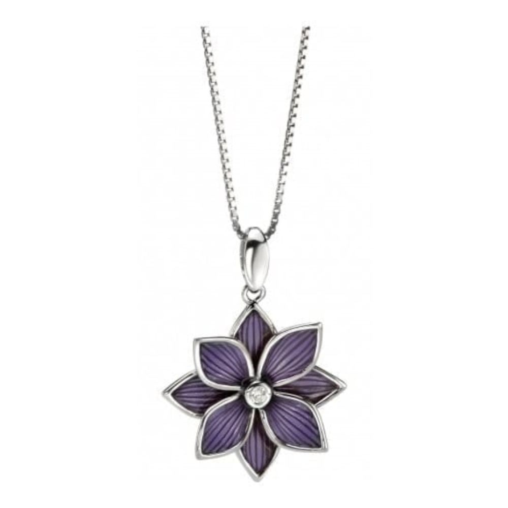 Ladies Silver Purple Enamel Flower Necklace