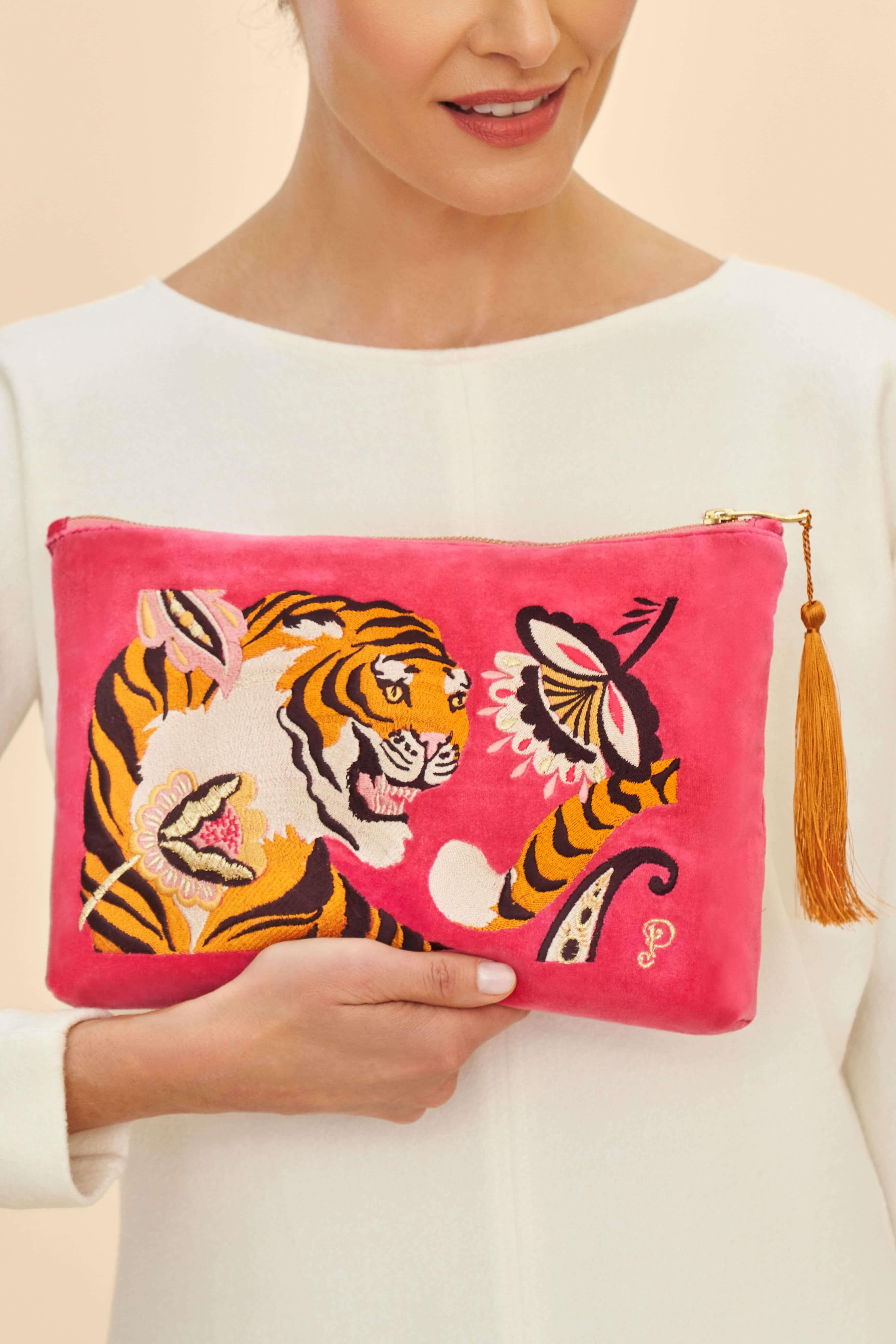 Velvet Embroidered Zip Pouch - Thrill of the Tiger