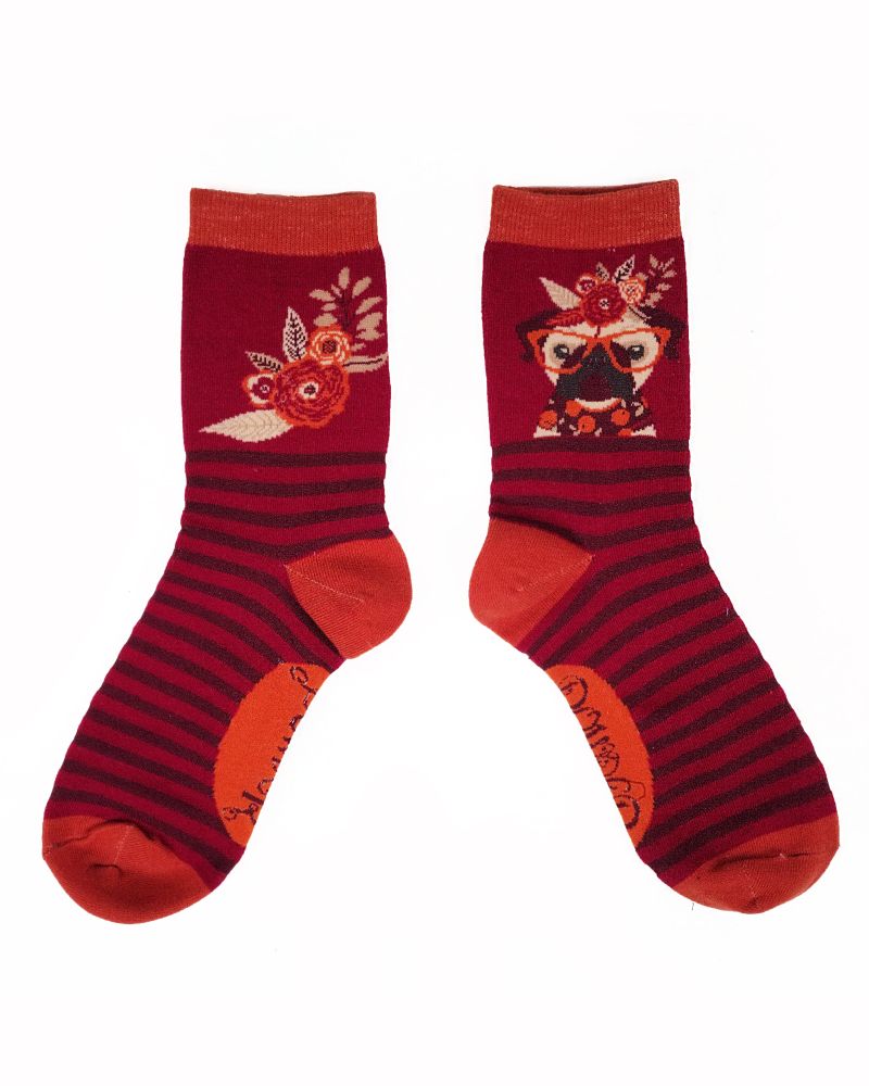 Ladies Ankle Socks Floral Pug