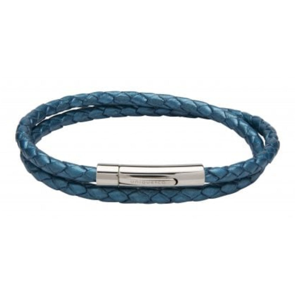 Metallic Blue Leather Bracelet With Stainless Steel Clasp
