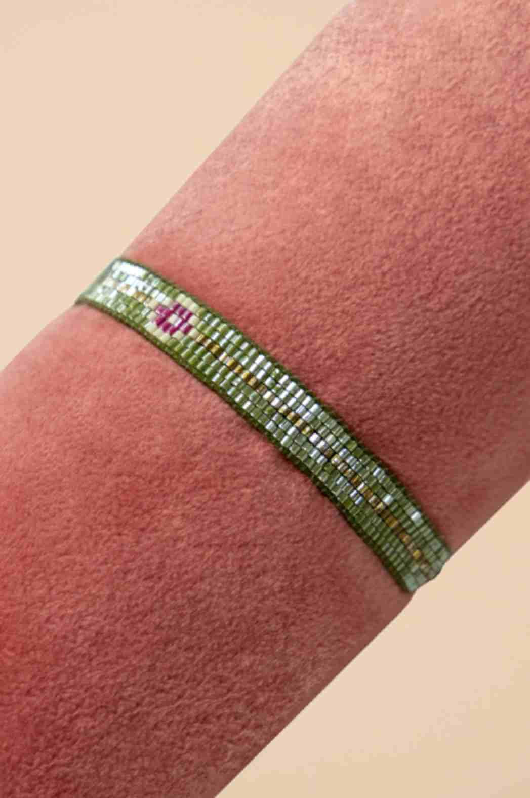 Beaded Bracelet Narrow - Olive/Gold with Diamond