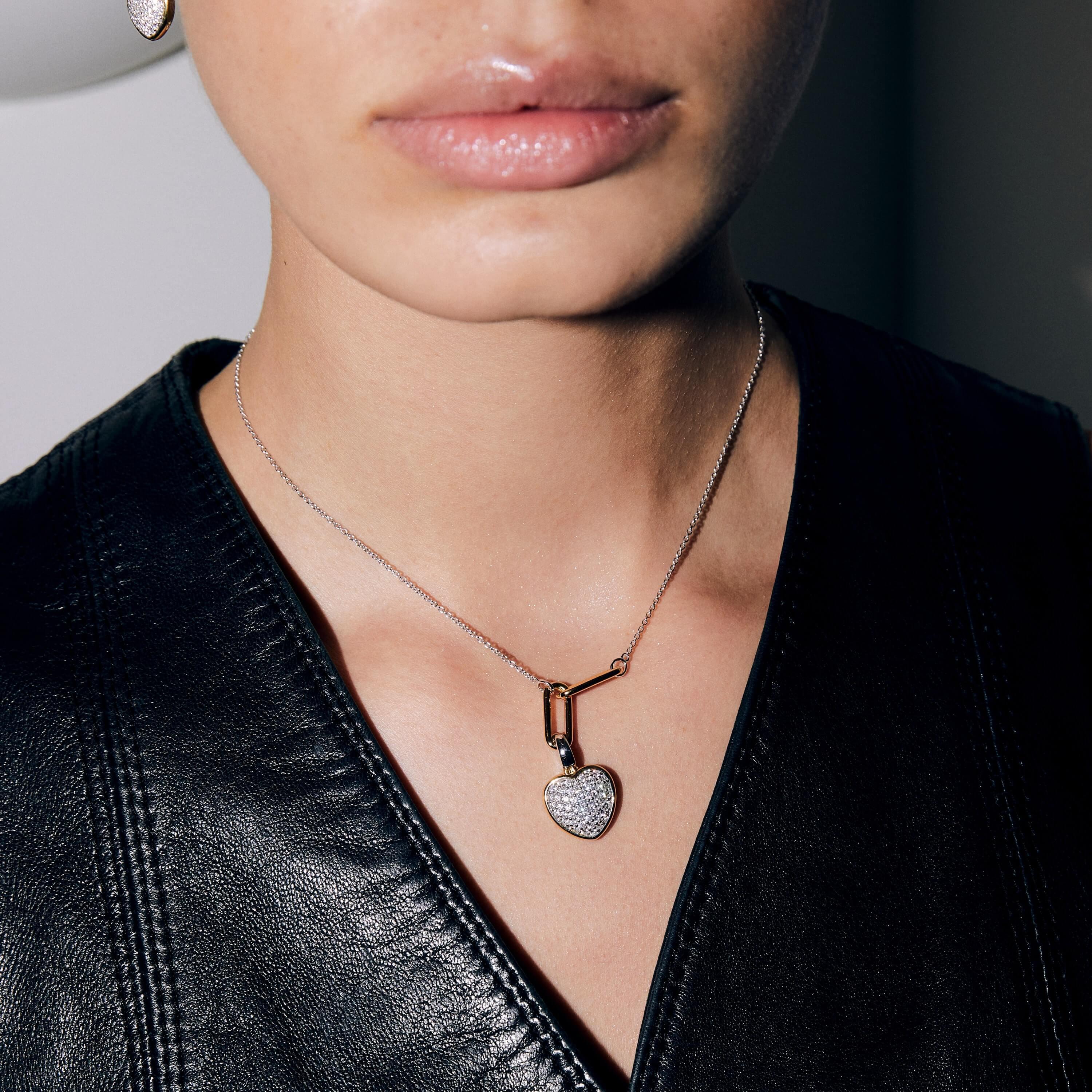Two Tone Heart With CZ Pendant & Silver Chain Necklace