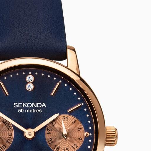 Rose Gold Case With Blue Dial & PU Strap Ladies Classic Watch