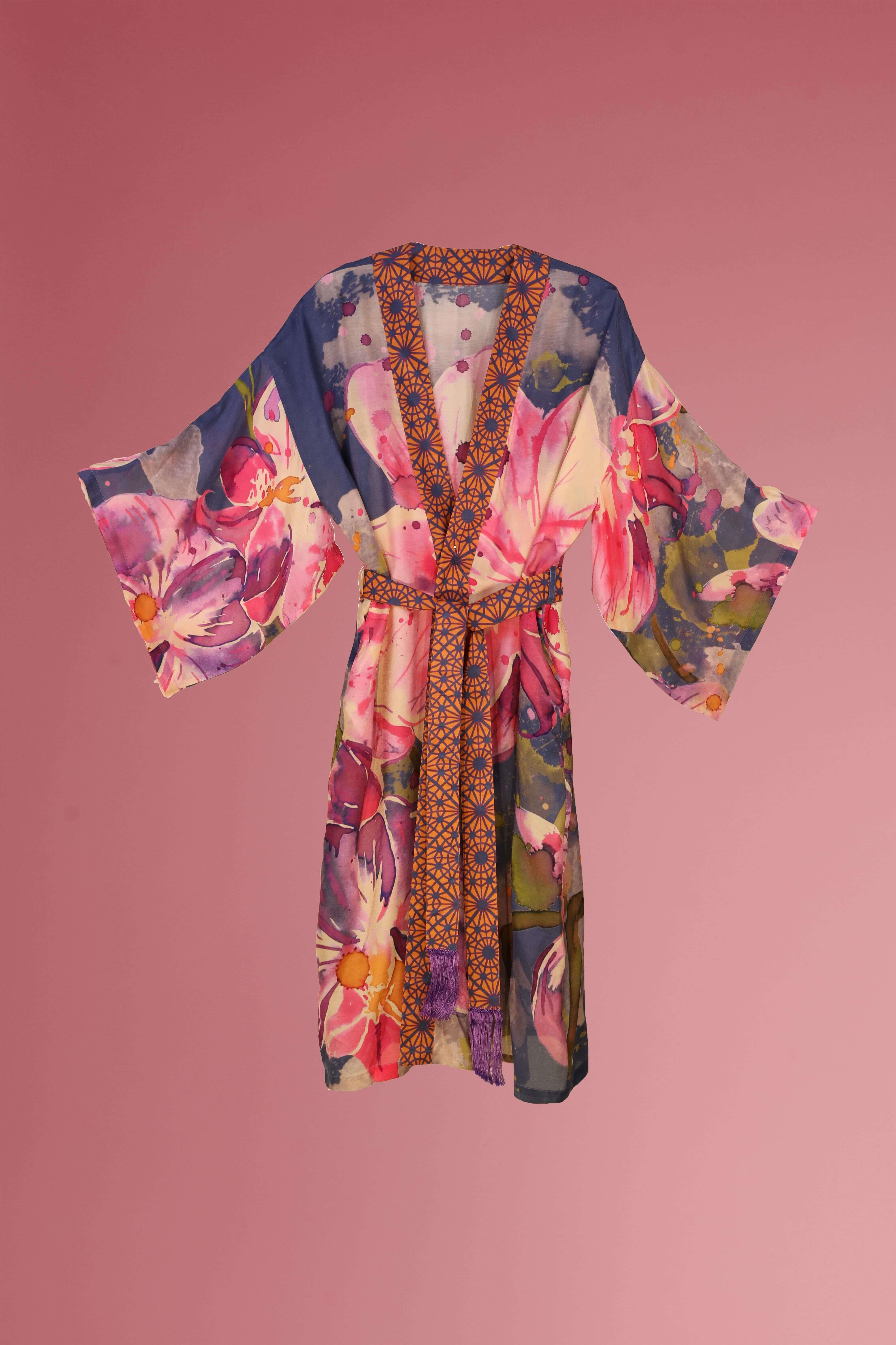 PRINTED KIMONO GOWN - Denim Orchid