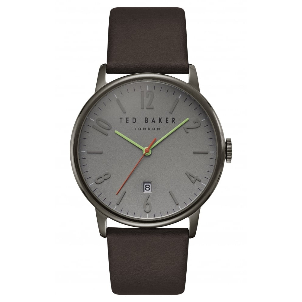 Mens IP Stainless Steel Case & Grey Dial With Brown Leather Strap Watch