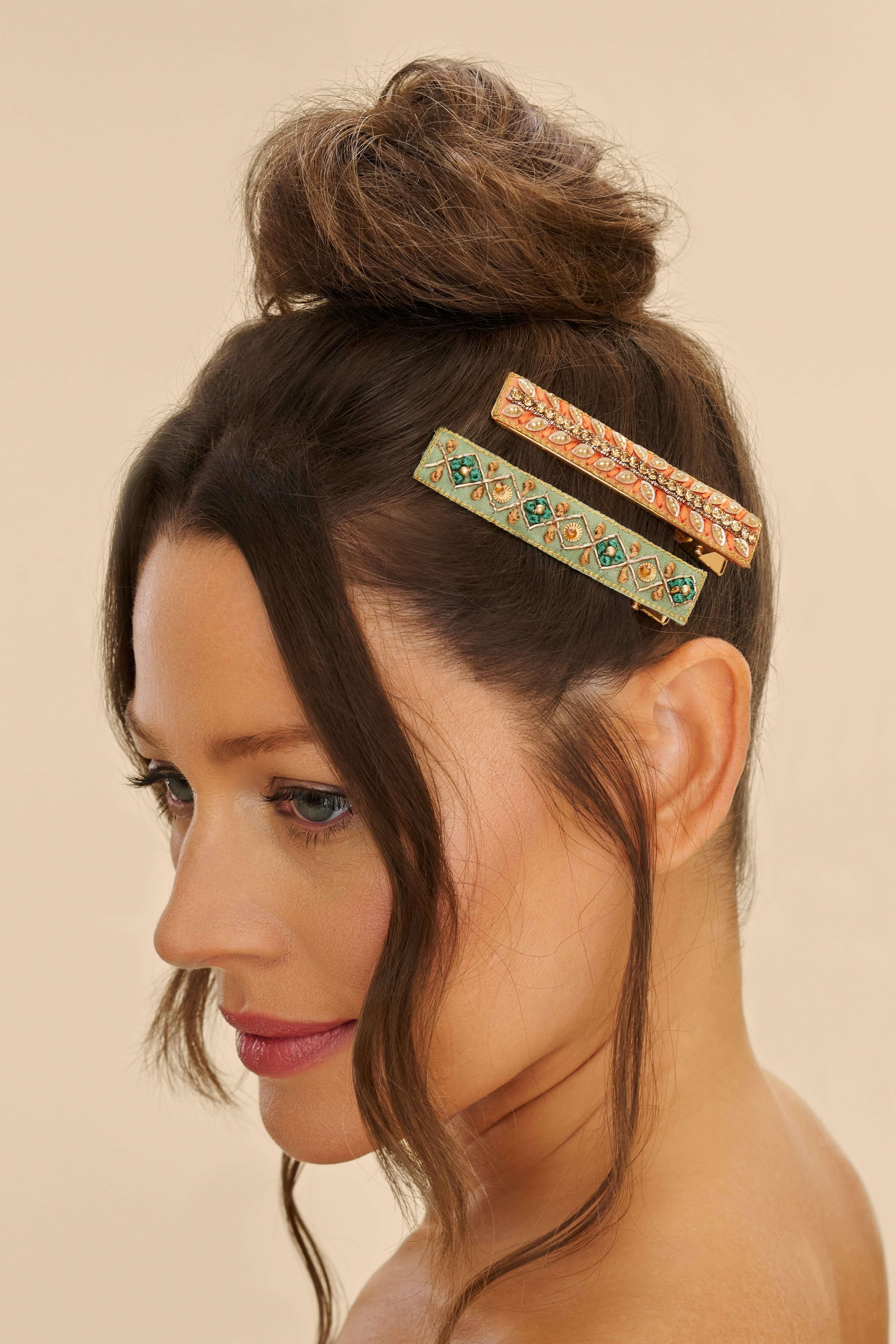 Narrow Jewelled Hair Bar (Set of 2) - Ribbon and Strike, Sage & Coral