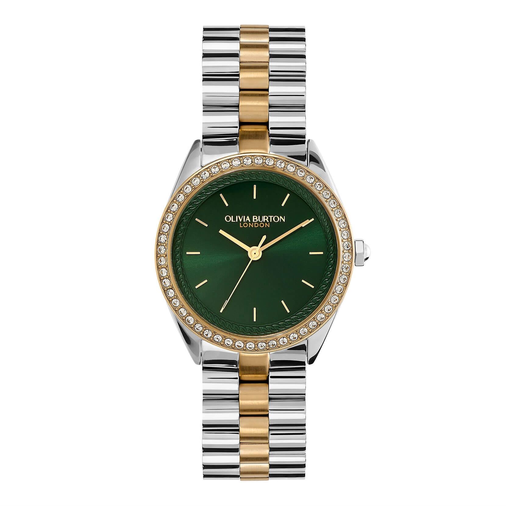 Bejewelled Forest Green Dial & Two Tone Bracelet Watch