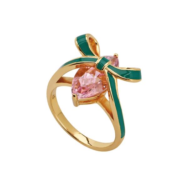 Amelia Bow Gold Ring In Emerald Green Enamel & Pink CZ