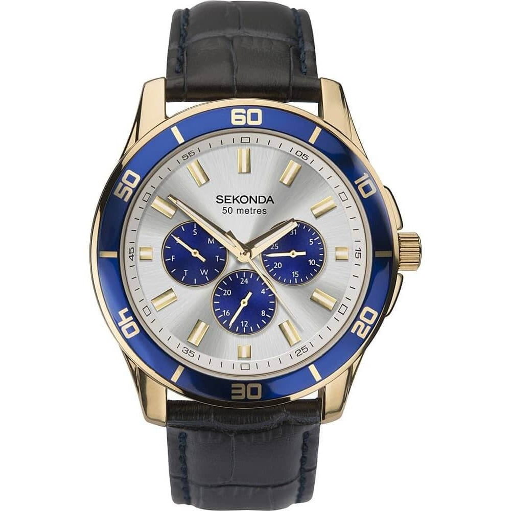 Gold Tone Case, Silver Sunray Multifunction Dial & Black Leather Strap Gents Watch