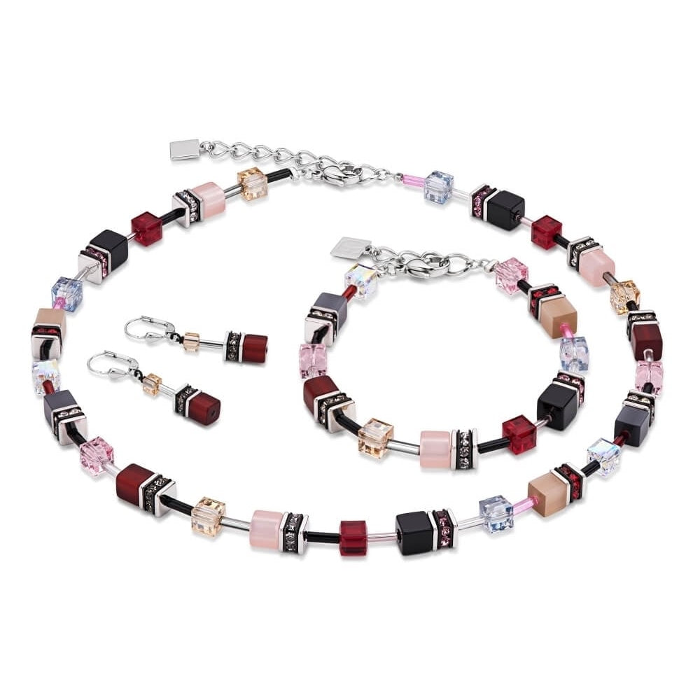 Red/Beige Swarovski Geo Cube Bracelet, Earrings and Necklace Set