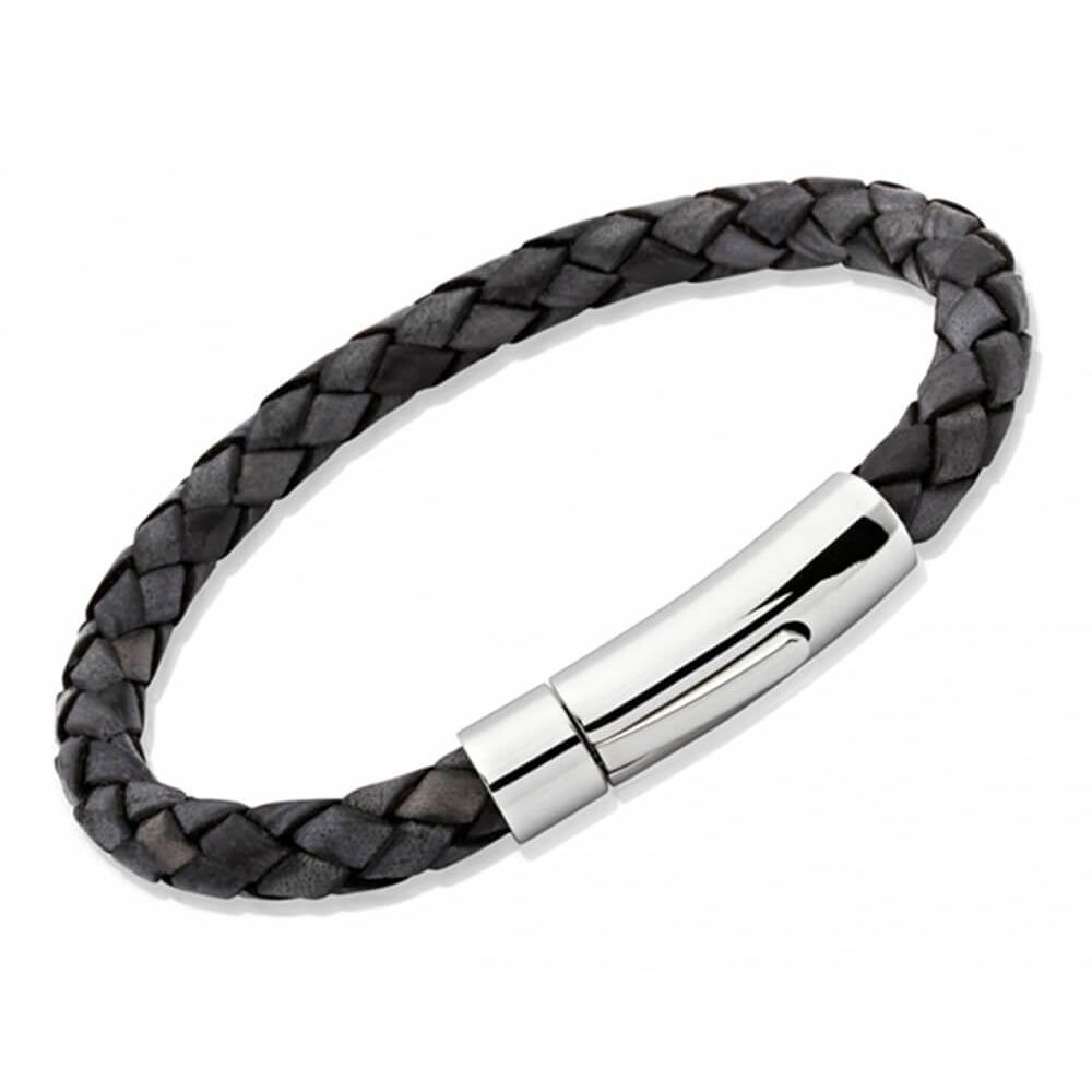 Antique Black Leather Bracelet with Stainless Steel Clasp