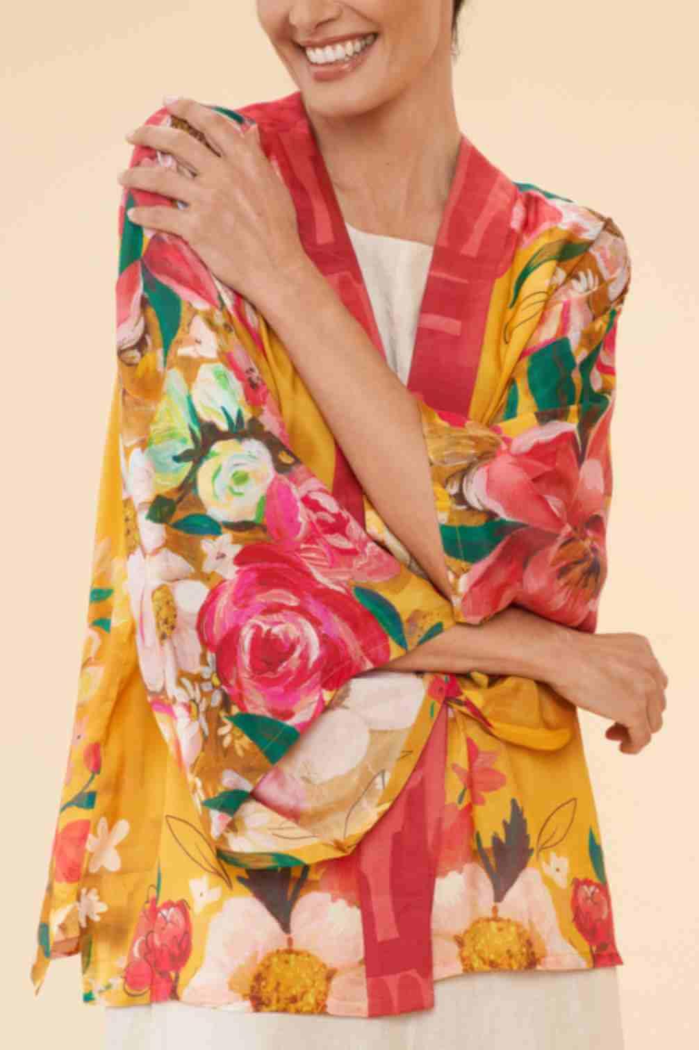 Impressionist Floral Kimono Jacket - Mustard