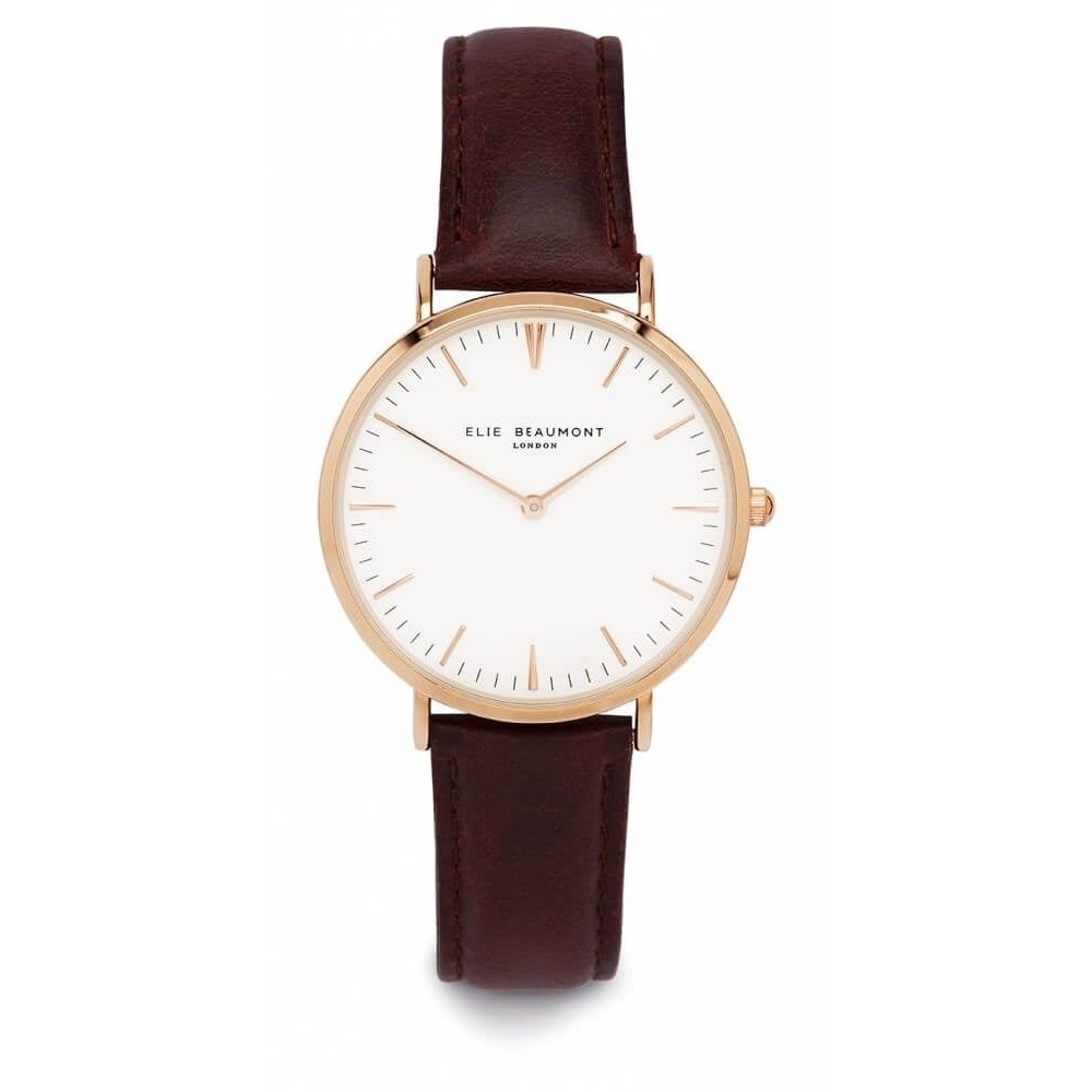 Black Leather Rose Plated Watch with White Dial