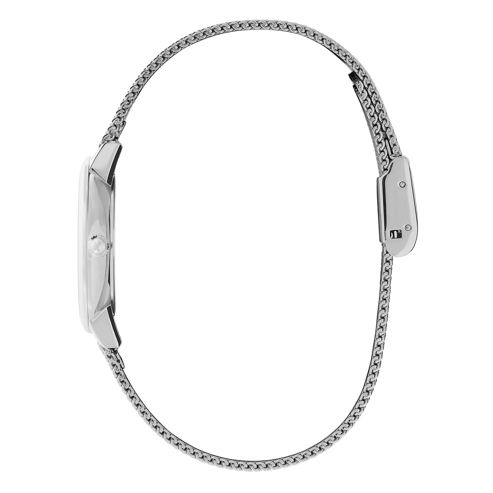 Signature Bee Ultra Slim Metallic White & Silver Mesh Watch