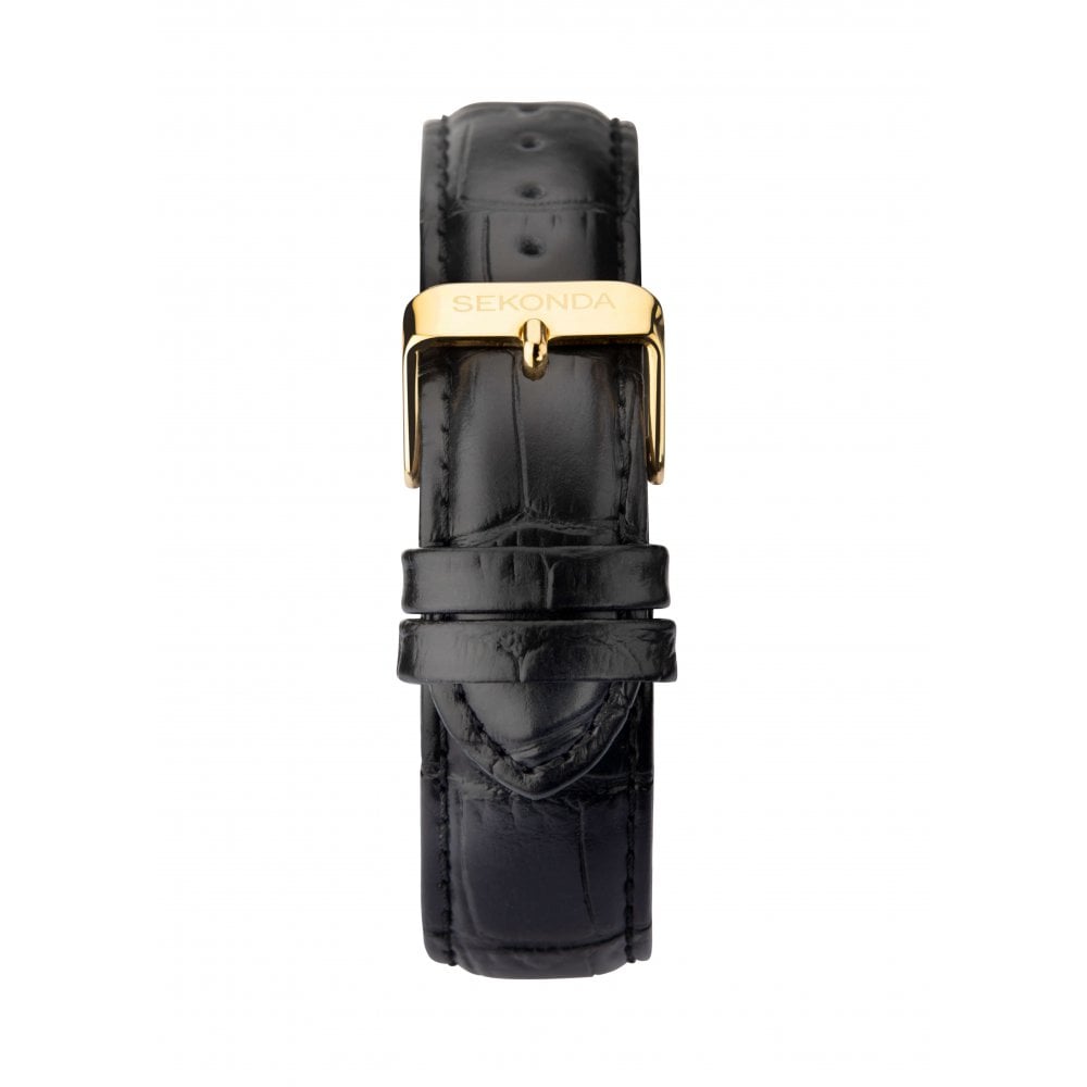 Gold Plated Blue Sunray Dial & Black Leather Strap Gents Watch