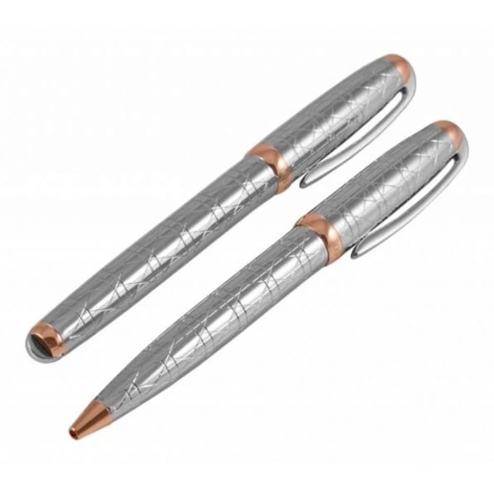 Silver Ball Point & Roller Ball Pen Set With Vertical, Horizontal & Diagonal Lines
