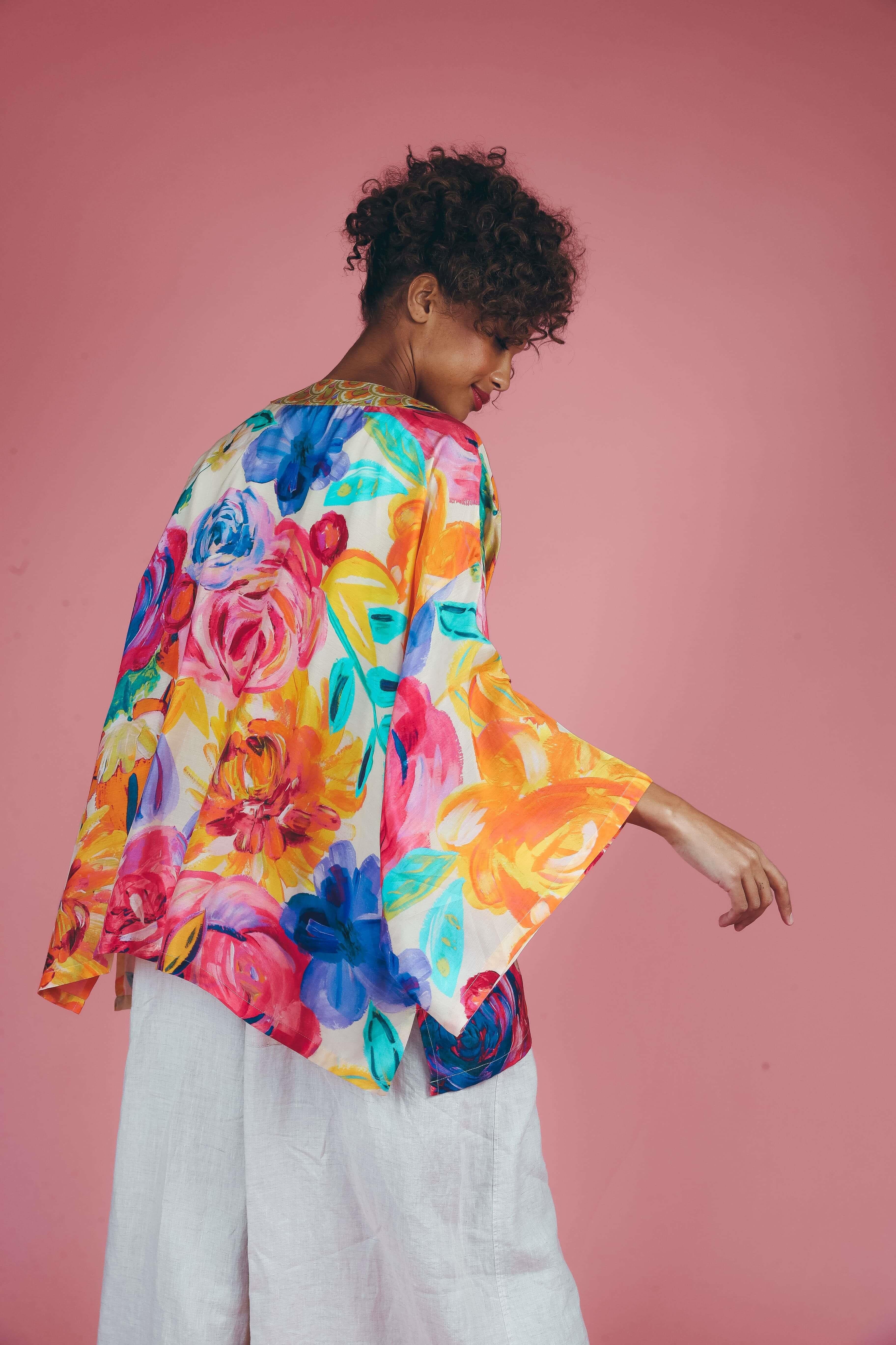 PRINTED KIMONO JACKET - Floral Frenzy