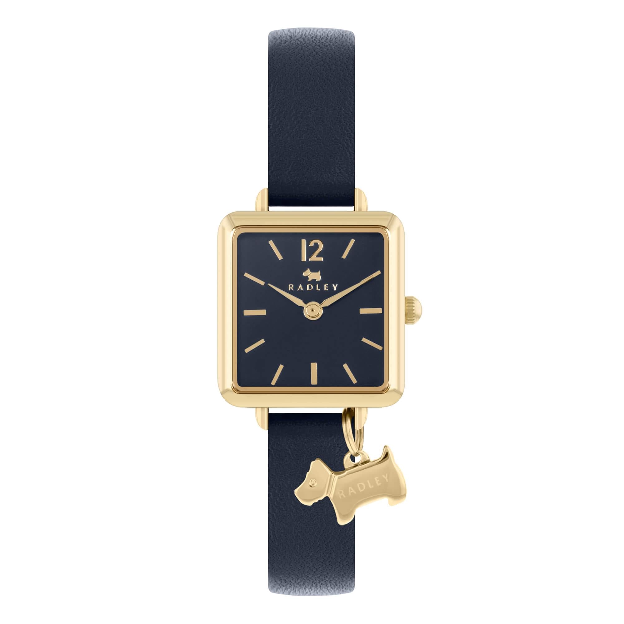 Ladies Square Pale Gold Plated Ink Leather Strap Watch