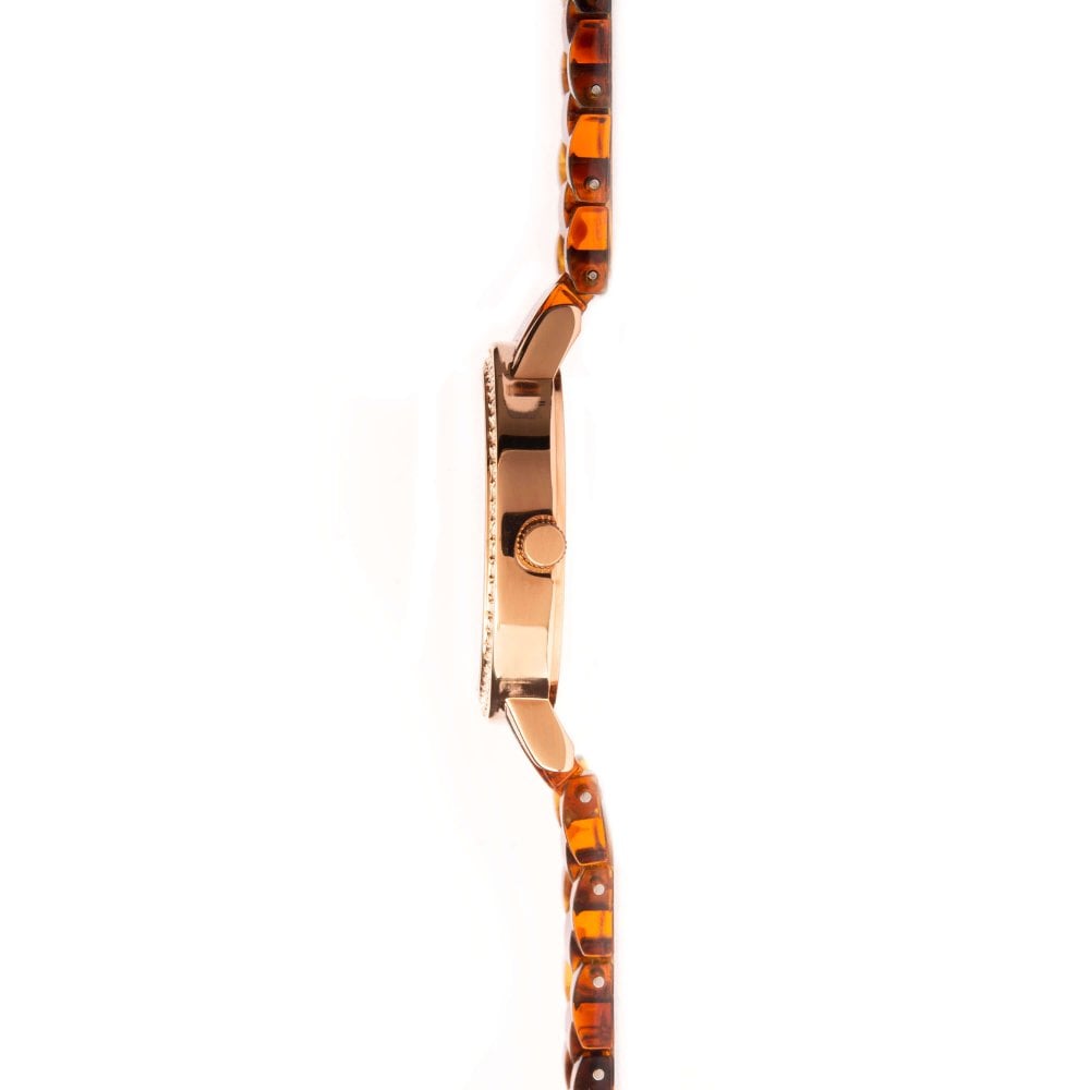 Rose Gold Stone Set Brown MOP Dial With Tortoiseshell Pattern Bracelet Strap Ladies Watch