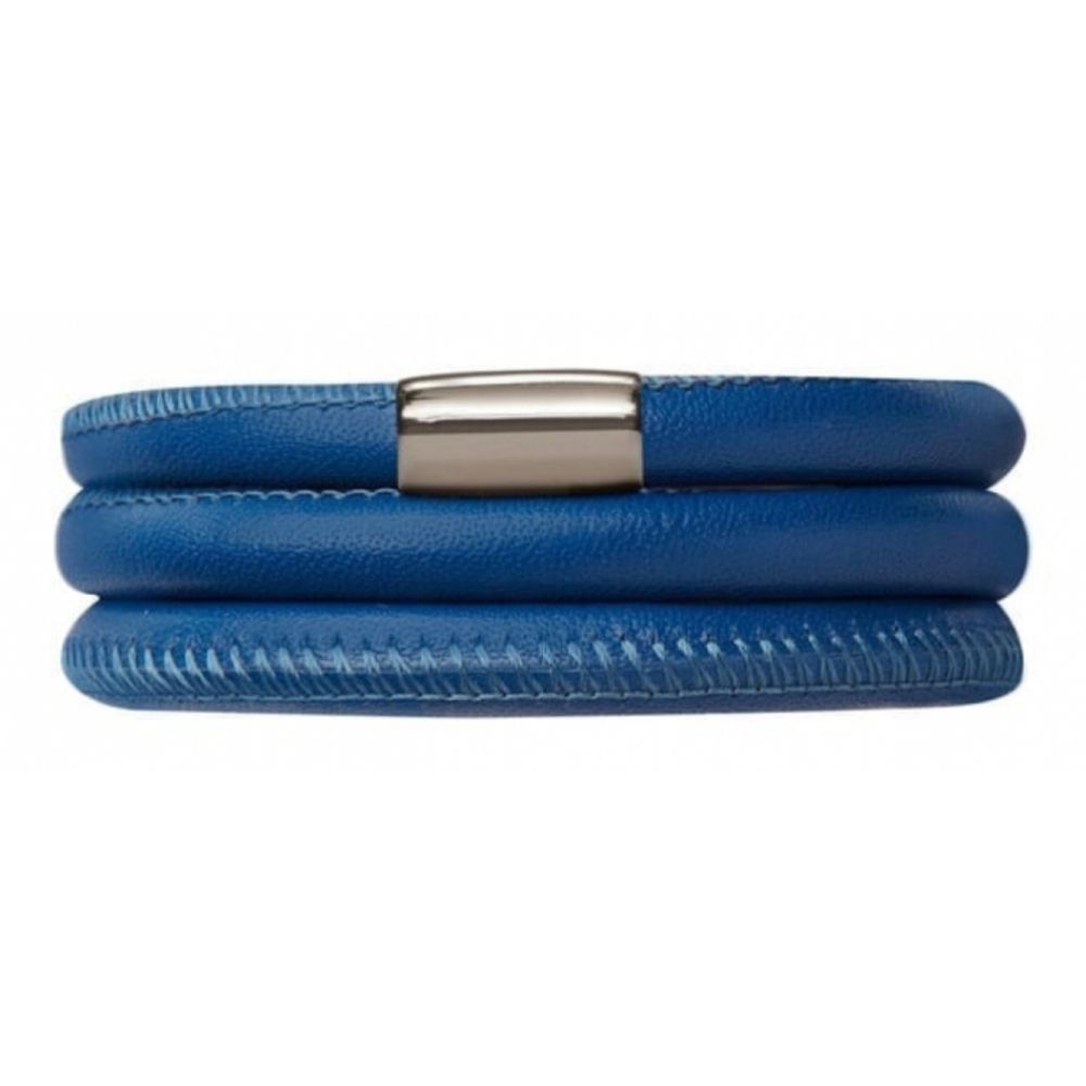Navy Blue Leather Triple Band Stainless Steel Bracelet