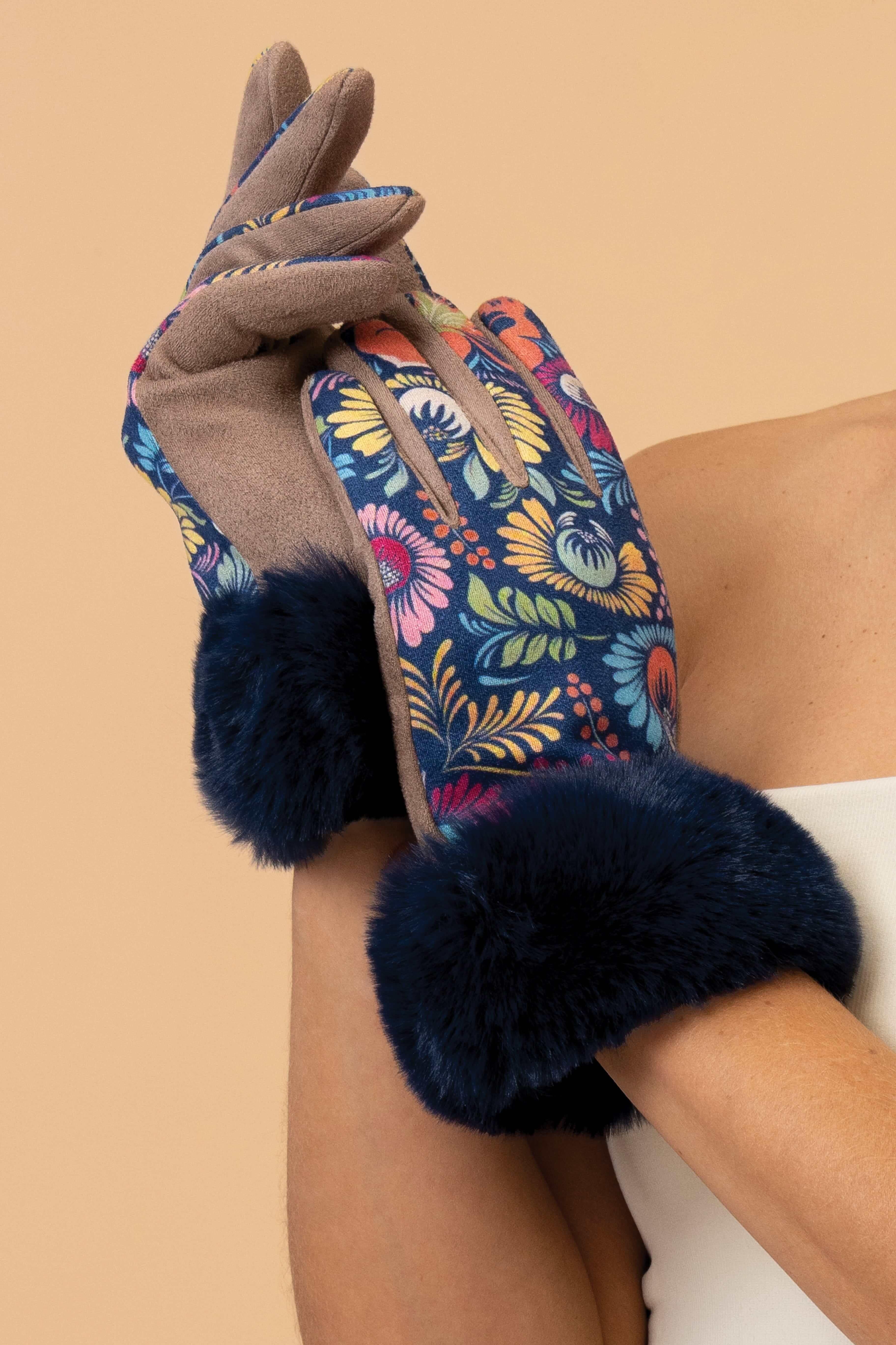 Bernadette Gloves Folk Art Floral Navy