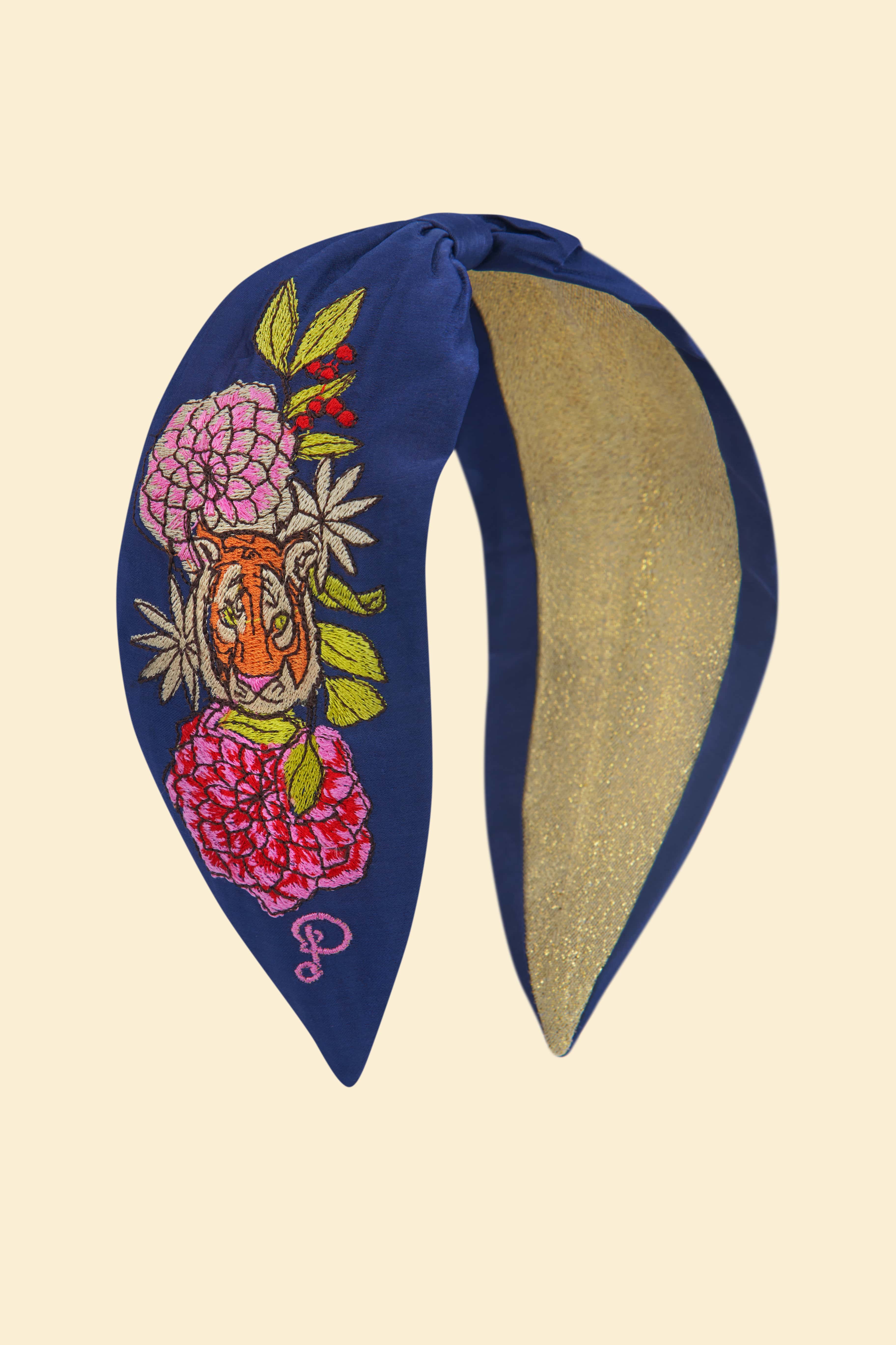 Floral Tiger Face Satin Embroidered Headband - Indigo