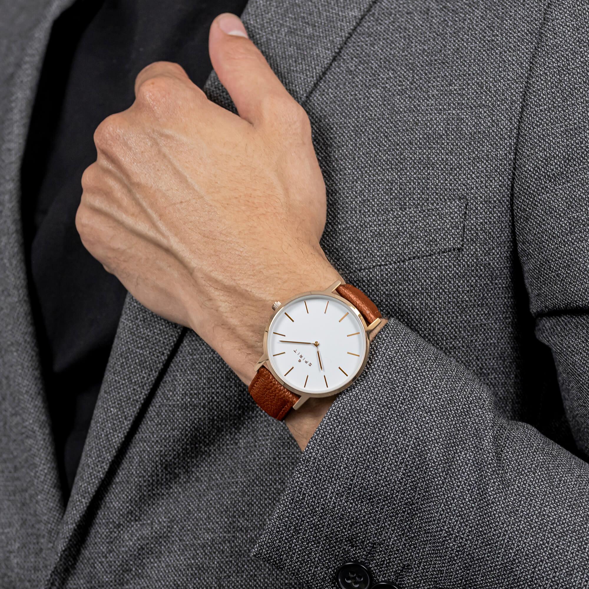Gents Classic Polished Rose Gold Leather Watch in Tan