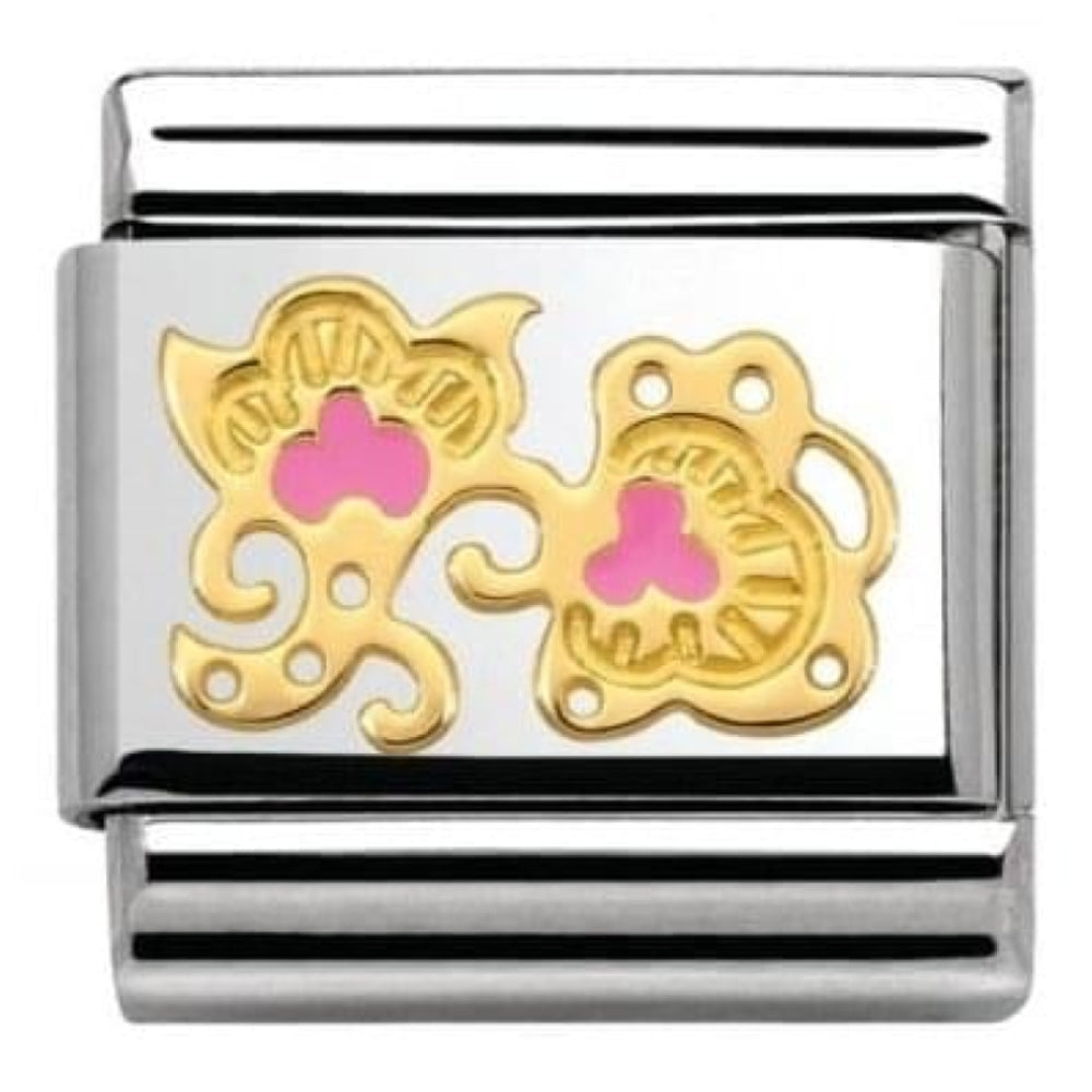 Classic Link In Stainless Steel & Gold With Pink Flower Buds