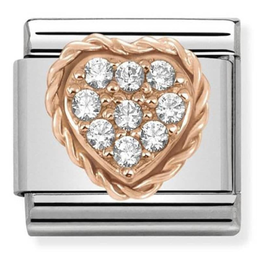 Classic Rose Gold Pave CZ Heart & Stainless Steel Link