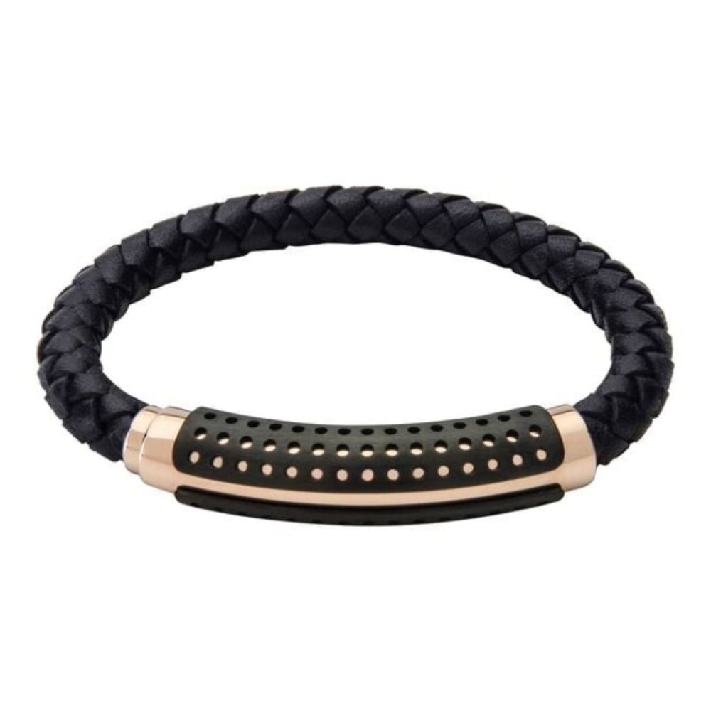 Men's Black Leather Bracelet With Rose Gold Plated Band With Black Holed Layered & Magnetic Clasp