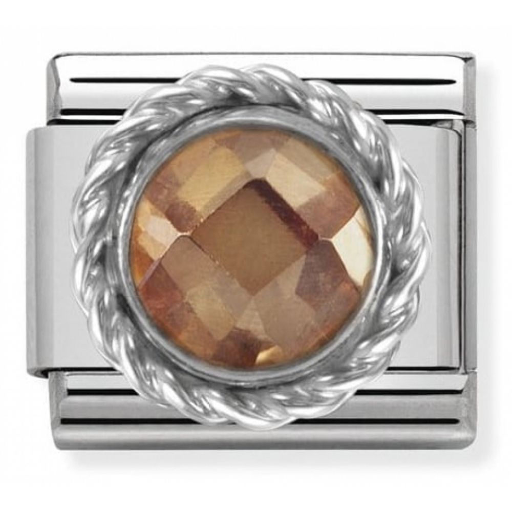 Classic Champagne CZ Round Faceted Stone In Stainless Steel & Twisted 925 Silver Detail Charm