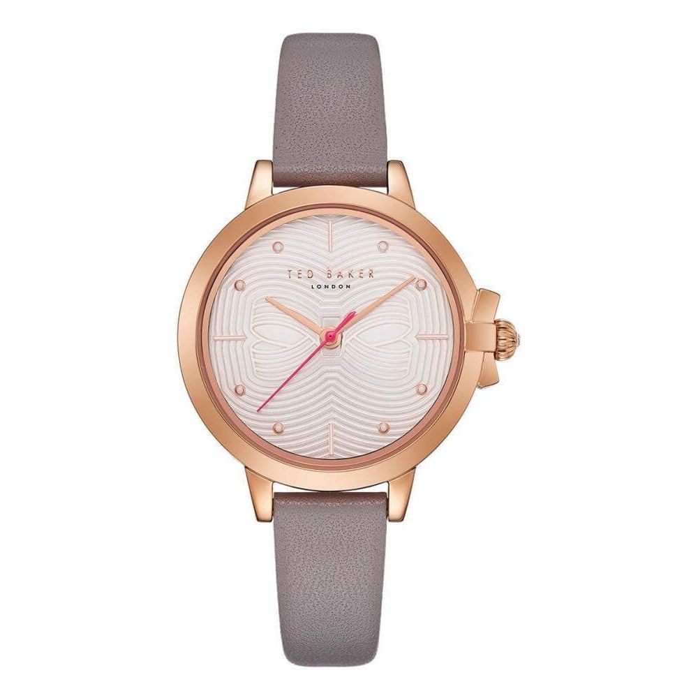 Rose Gold Case With Pattern Dial & Grey Leather Strap Ladies Watch