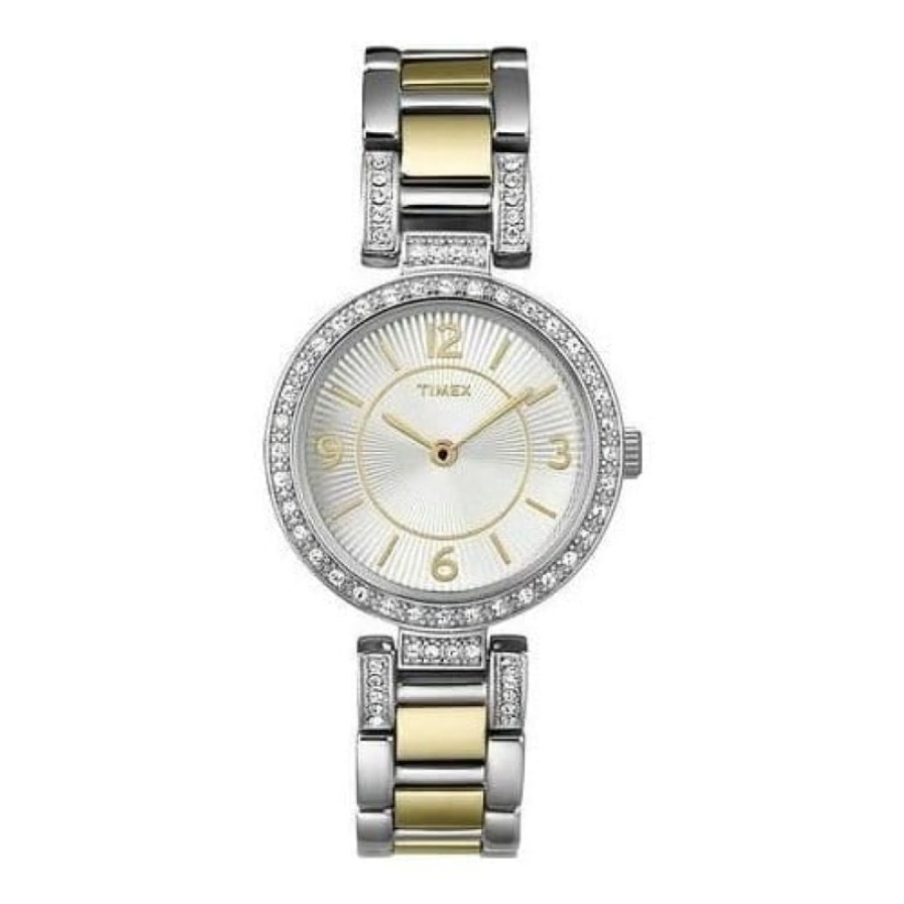 Ladies Two Tone Stainless Steel Crystalized Case Bracelet Watch