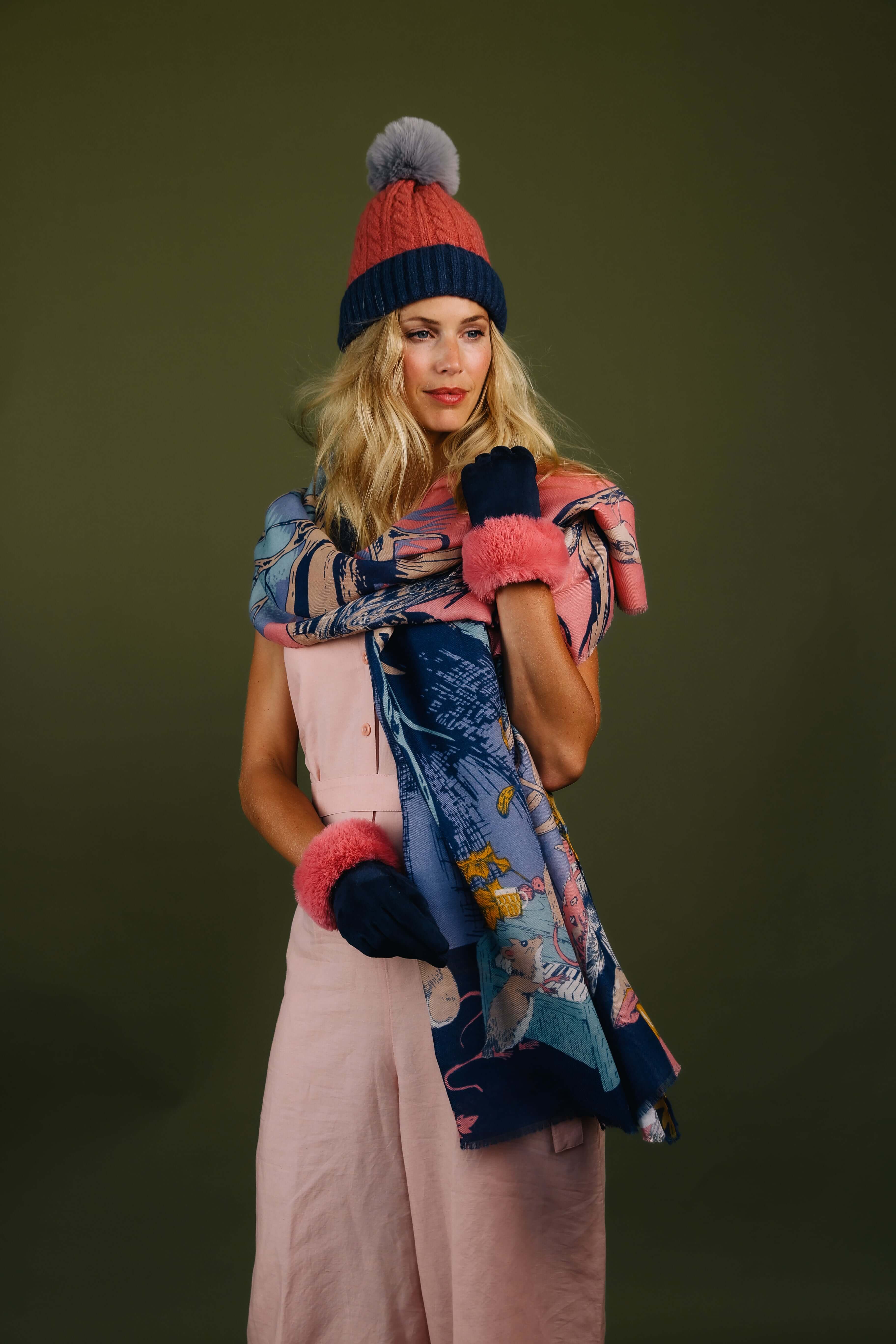 Greta Bobble Hat- Rose/Teal