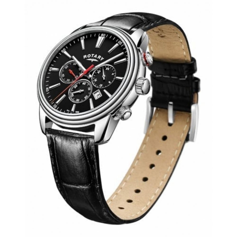 Stainless Steel Black Dial & Leather Strap Gents Chronograph Watch