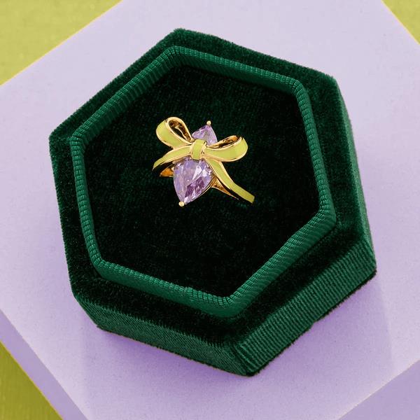 Amelia Bow Ring In Lime Enamel, Lilac CZ & Gold - M