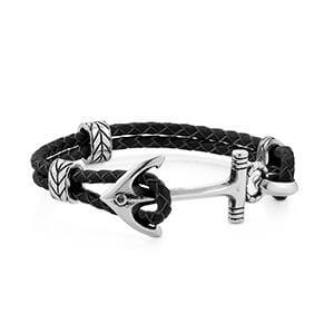 Instinct Marina Black Leather & Stainless Steel Anchor Mens Bracelet