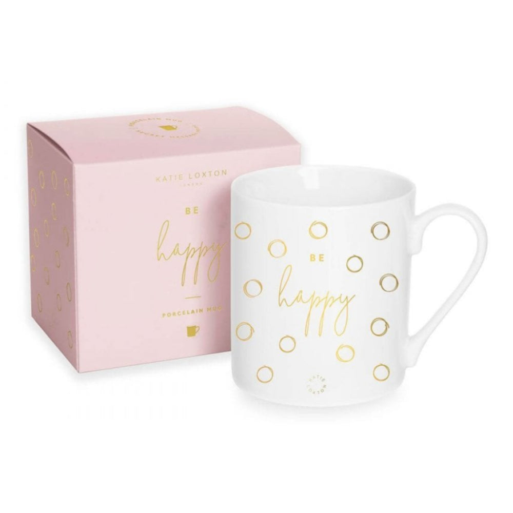 Gift Boxed Mug | Be Happy | White/Gold | 9.3 X 8.3 Cm