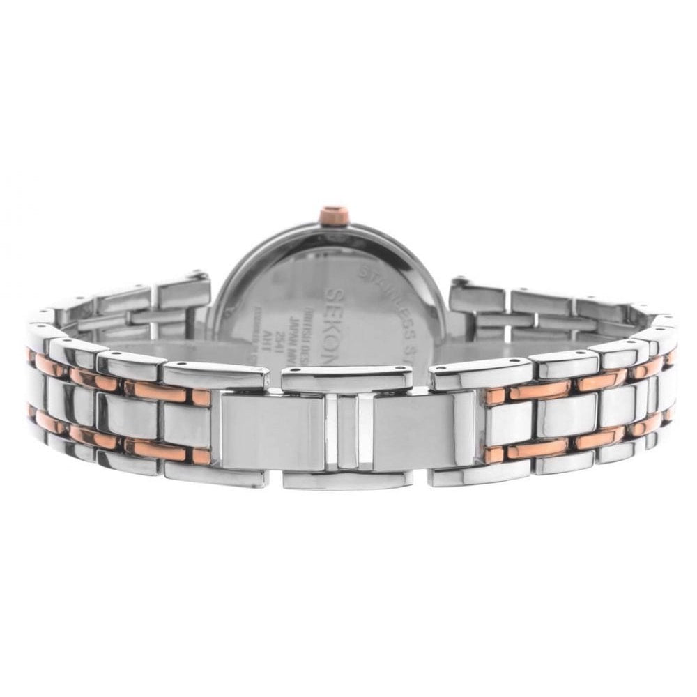Two Tone Stone Set Case With Silver Sunray Dial & Two Tone Bracelet Strap Ladies Watch