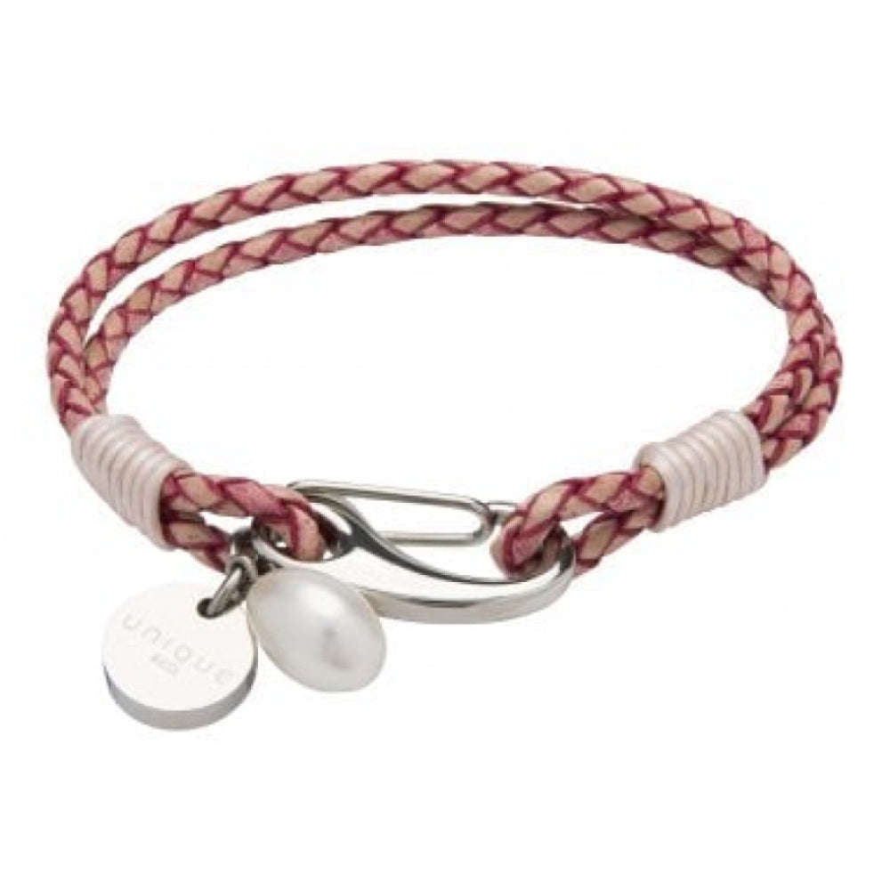 Anti. Pink Leather Bracelet With Steel Shrimp Clasp - Pearl Charm