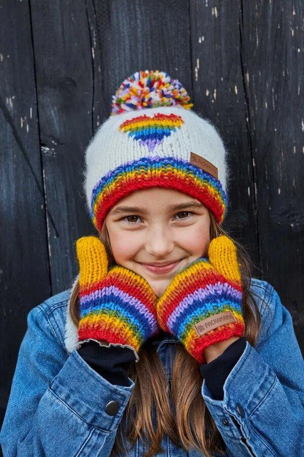Kids Rainbow Heart Bobble Beanie Cream