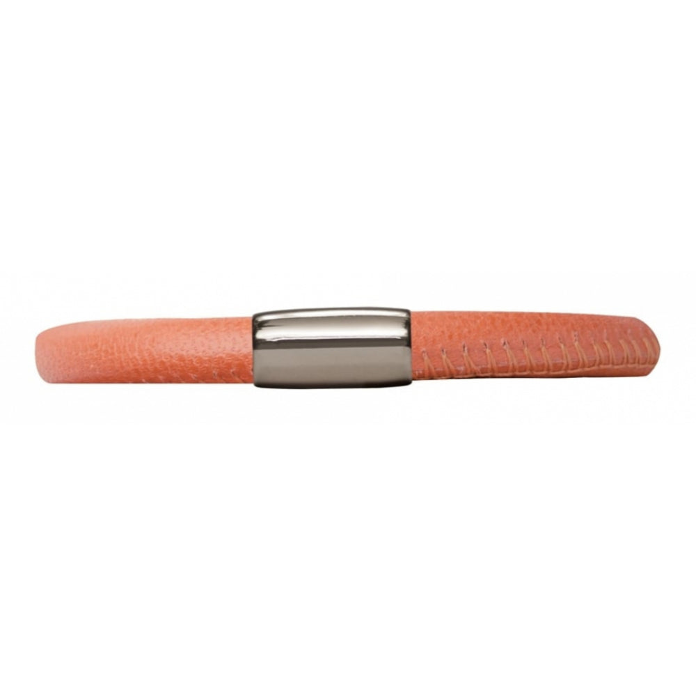 Single Band Orange Leather Bracelet with Stainless Steel