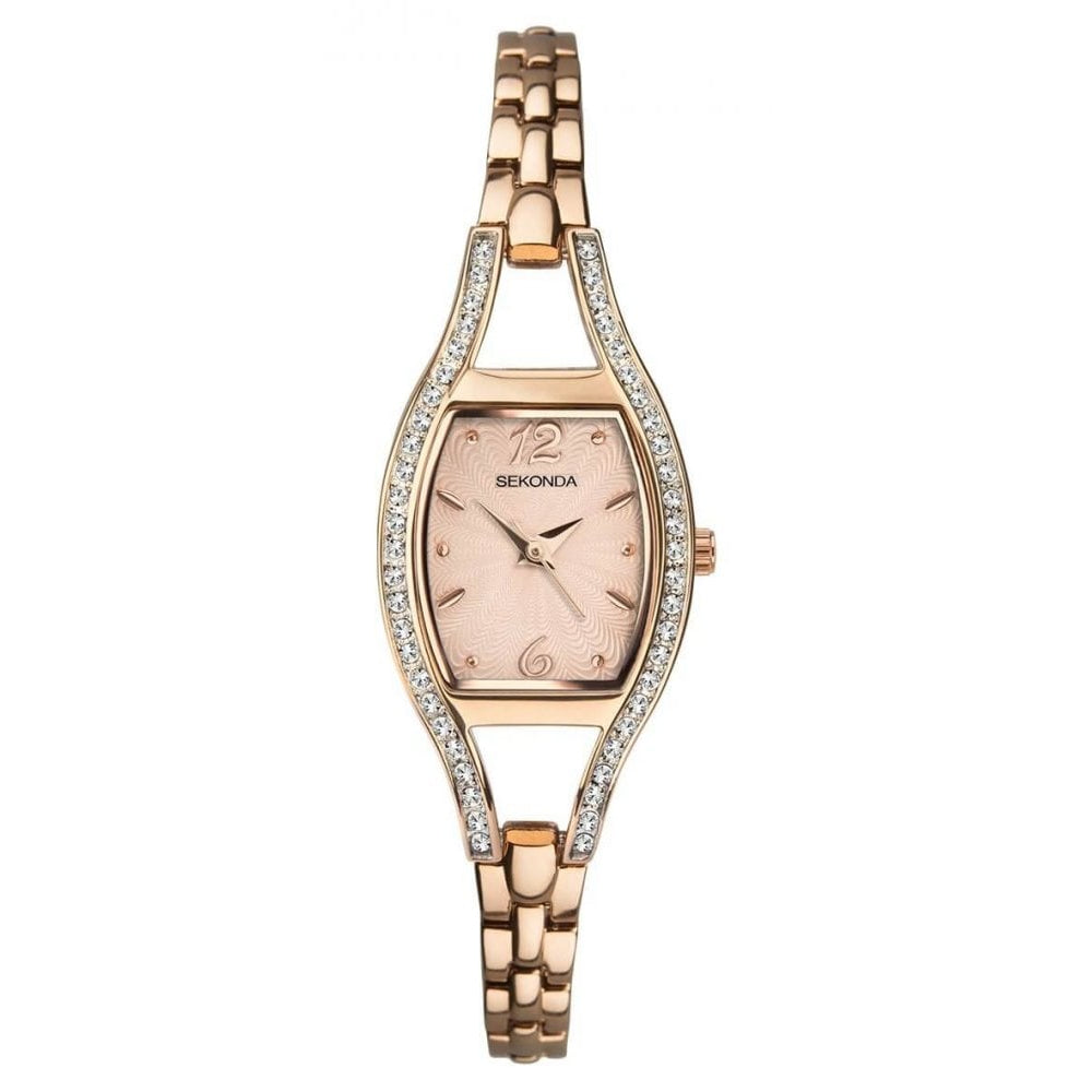 Rose Gold Plated Bracelet & Stone Set Case With Rose Patterned Dial Ladies Watch