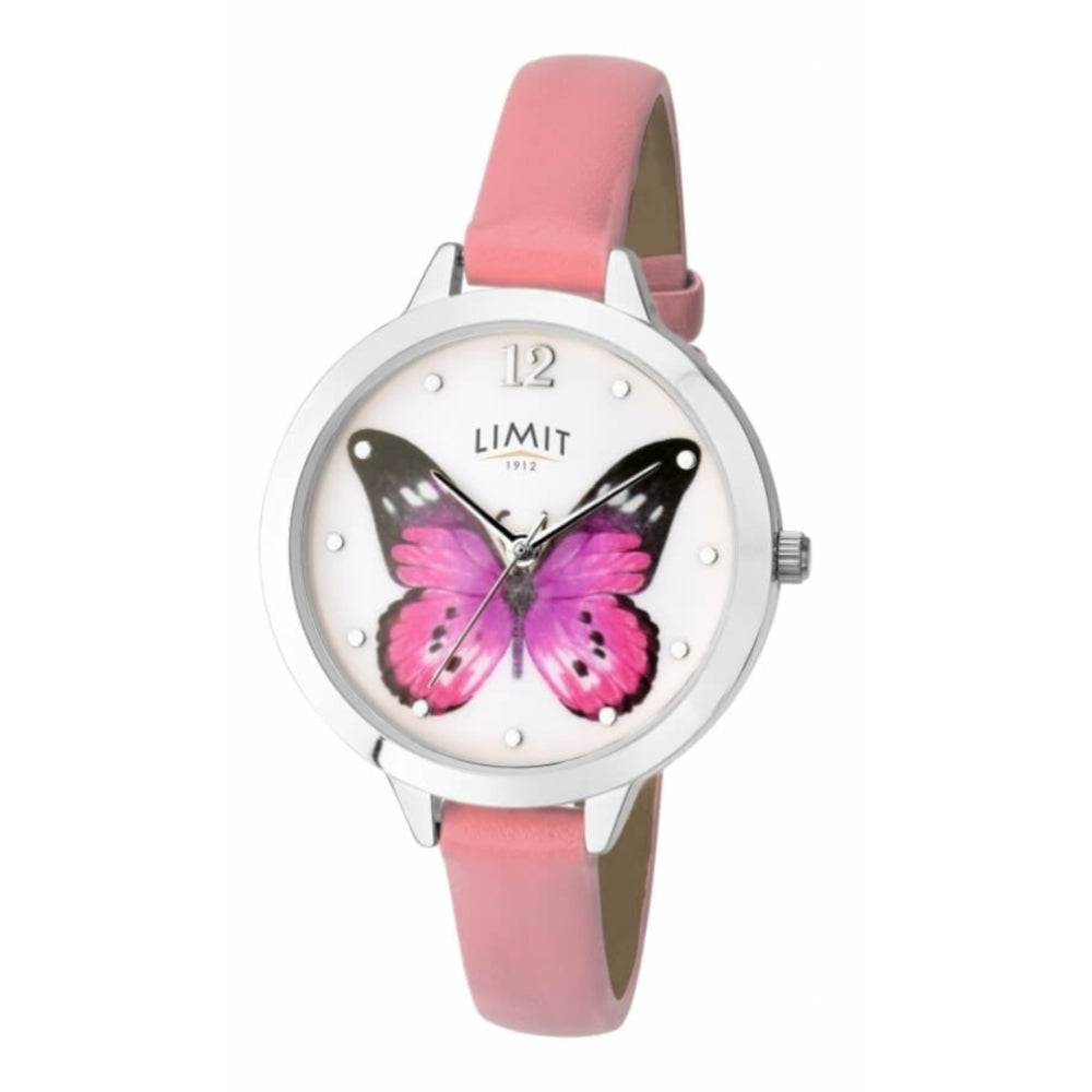 Stainless Steel Butterfly Print Dial & Pink PU Strap Ladies Watch