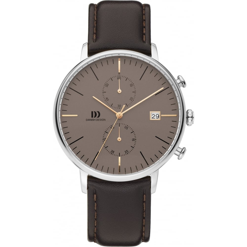 Gents Stainless Steel Chrono Brown Dial Brown Leather Watch