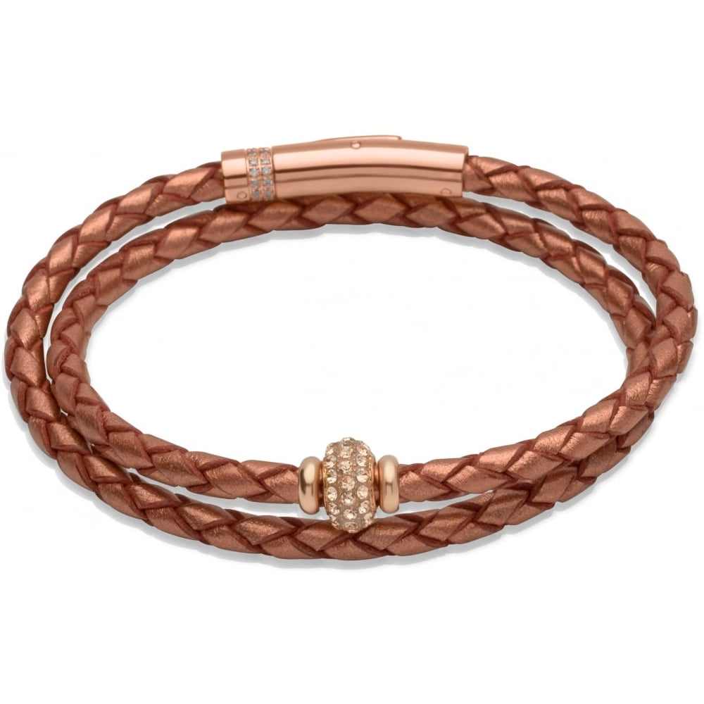 Copper Leather Bracelet Rose Steel CZ Clasp with Rose CZ Element